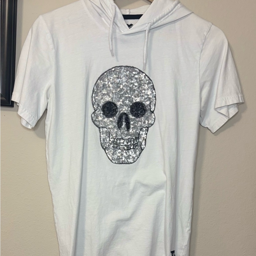 White Sequin Skull Hoodie short sleeve Federation Rebel Youth Cult- Size 16 - Picture 3 of 7